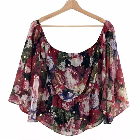 Express size small Floral red pink gold polka dot Off shoulder split sle… - Picture 8 of 8
